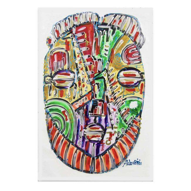 Tableau africain masque multicolore sur fond blanc – 62x91cm