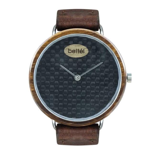 Wooden watch with carbon fiber dial “The Ellipse II” 40mm – brown leather strap